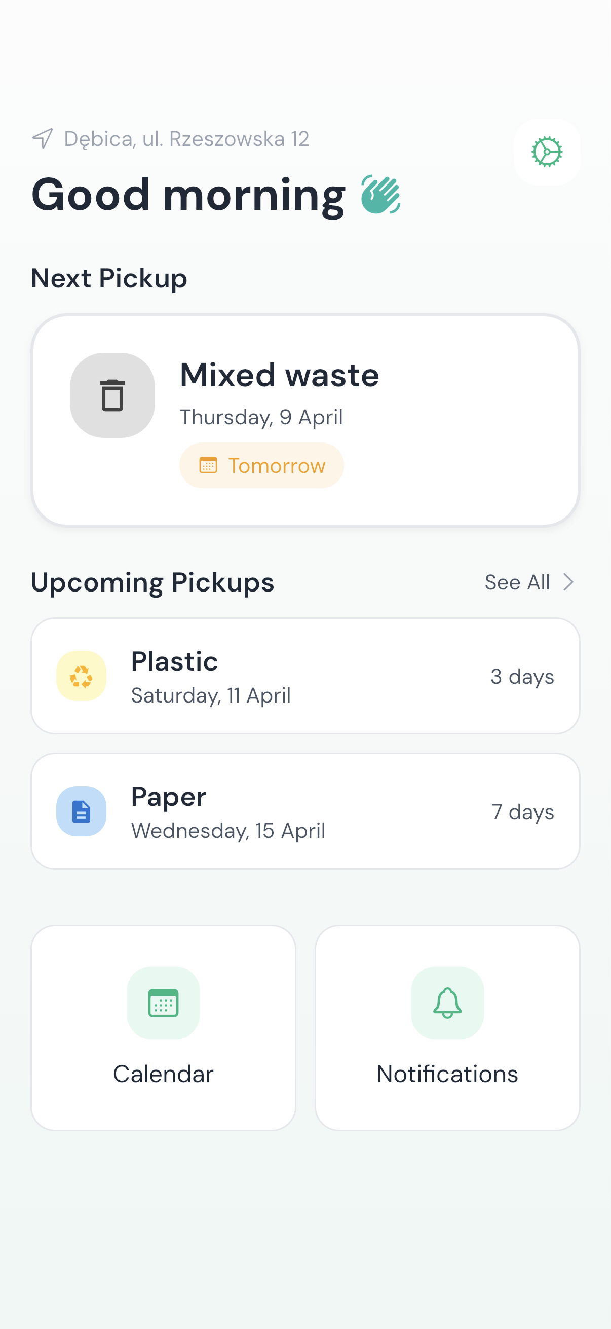 EkoAlert app screenshot showing upcoming collection dates