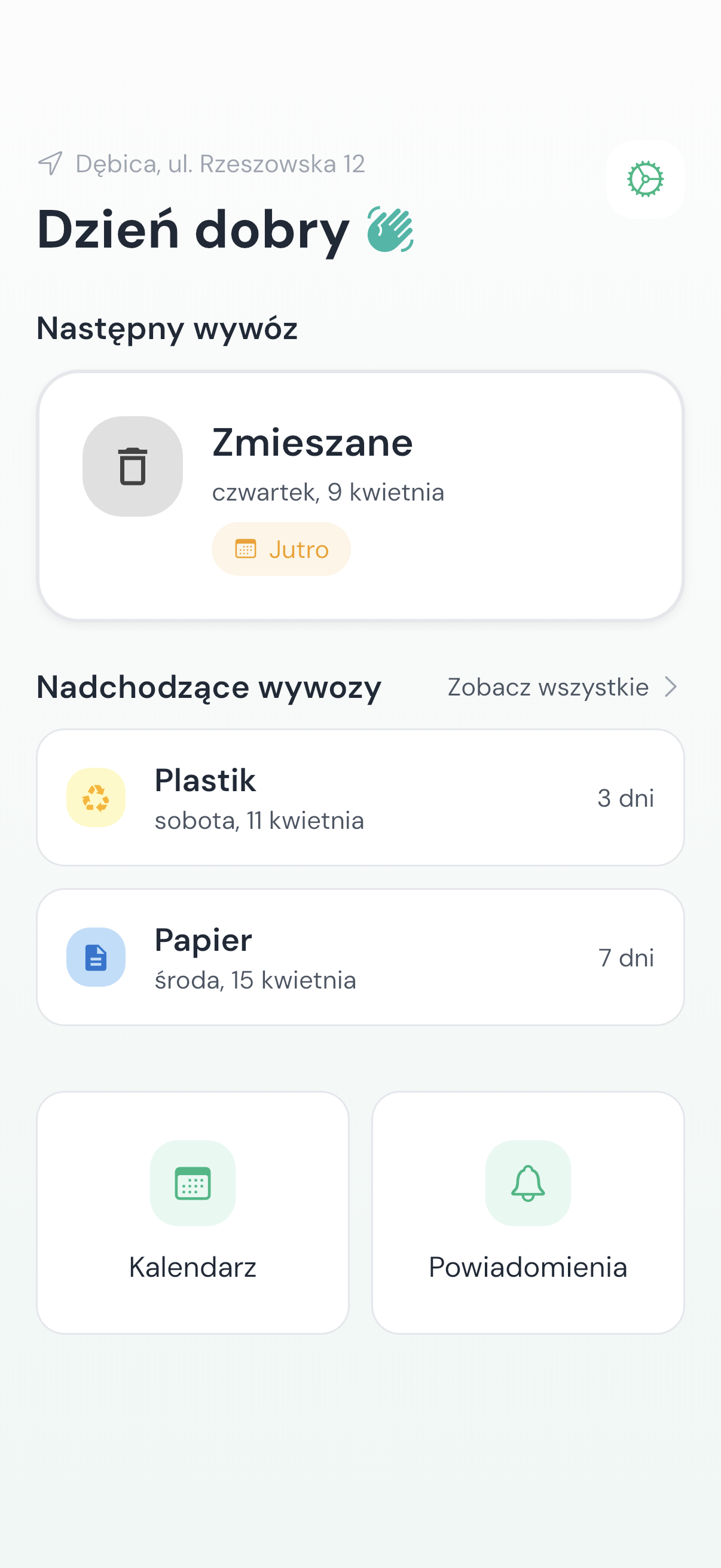 EkoAlert — widok aplikacji z listą zbliżających się wywozów