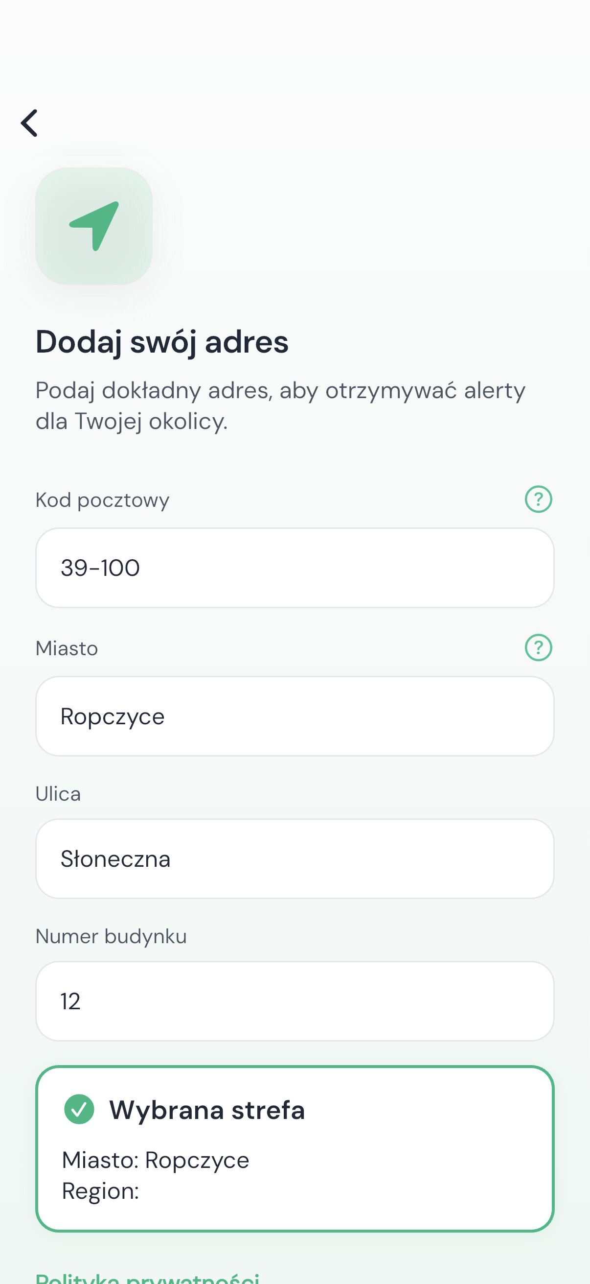 EkoAlert — formularz adresu (kod pocztowy i miasto)