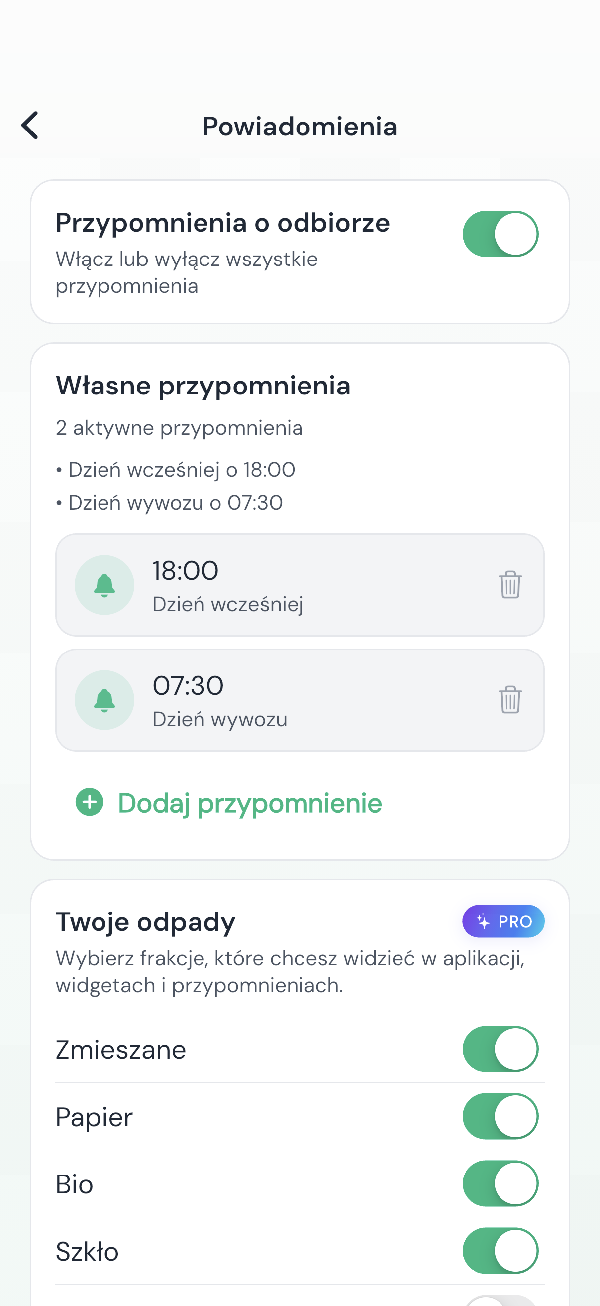 EkoAlert — ustawienia przypomnień